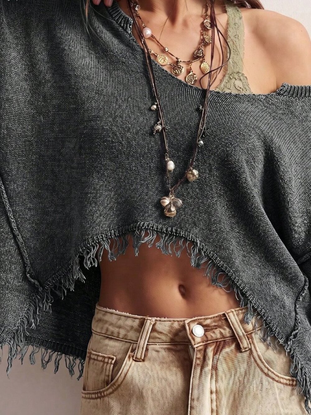 Grey Casual Women's Tassel Design Long Sleeve Sweater - Picture 11 of 11
